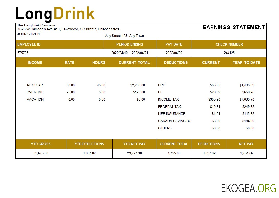 Modèle de paie de l'entreprise LongDrink aux formats Word et PDF